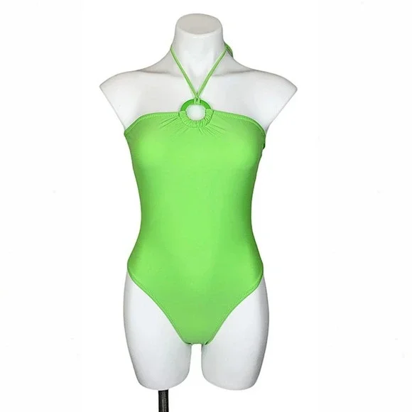 Pastel High-Leg O-Ring Halter One-Piece Swimsuit in Lime Green - Picture 3 of 11